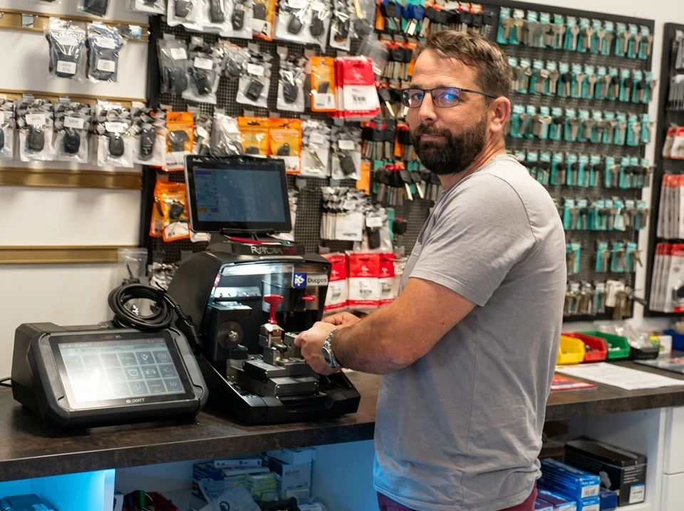 Photographie d'un atelier de serrurerie-menuiserie accueillant et convivial montrant deux hommes (artisan expérimenté barbu et un jeune aide/fils) travaillant ensemble près d'un comptoir professionnel équipé. Ils discutent ou collaborent sur une tâche (clés, serrure, ou document professionnel). Arrière-plan : outils de métier, étagères avec matériel de serrurerie et menuiserie, ambiance chaleureuse d'atelier artisanal. L'image doit transmettre la transmission de savoir-faire, la proximité familiale et le professionnalisme de l'entreprise.