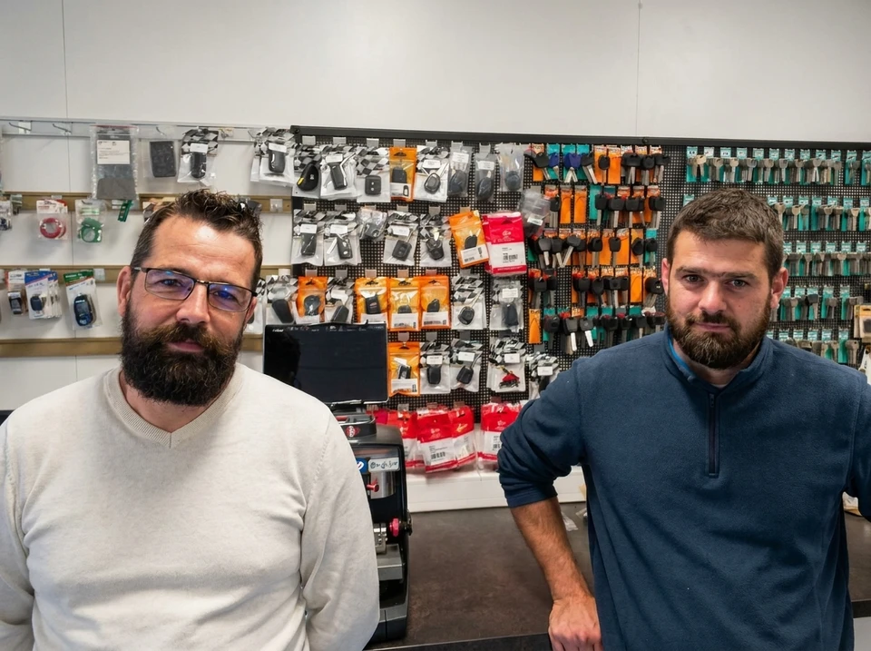 Deux hommes barbus dans une boutique de serrurerie/reproduction de clés