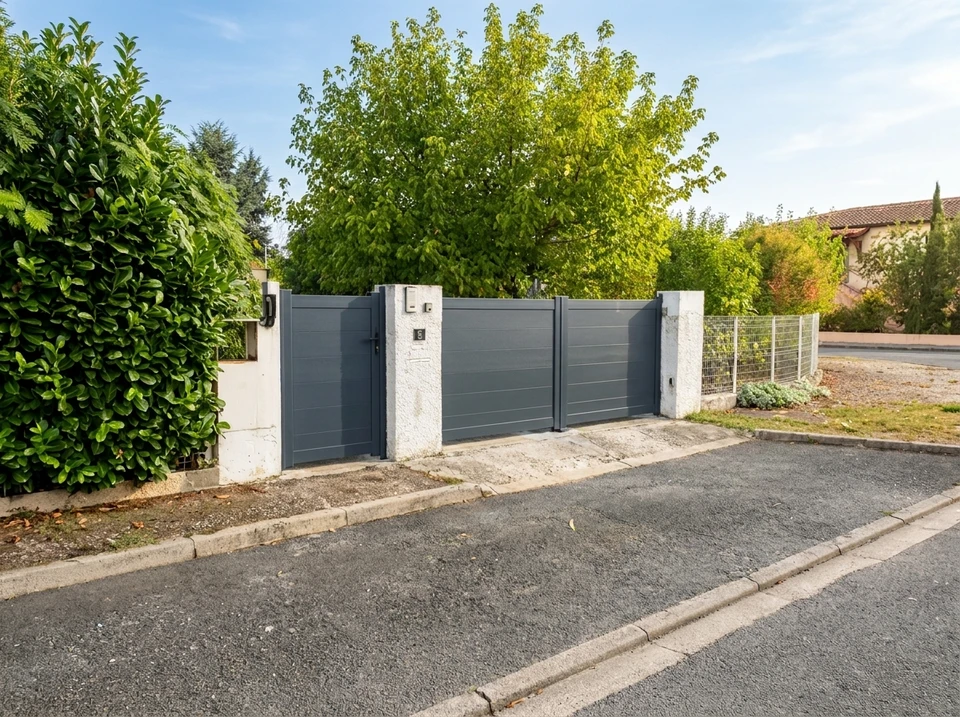 Portail coulissant en aluminium anthracite (RAL 7016) avec portillon intégré, monté sur piliers en béton texturé