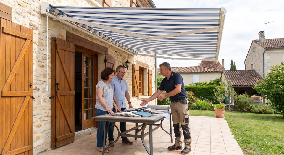 Vue extérieure d'une terrasse résidentielle avec un store banne moderne en toile rayée colorée, partiellement déplié, montrant les bras métalliques et la structure d'installation. Au premier plan, une table de consultation avec des échantillons de tissus de stores bannes (teintes variées, motifs) étalés professionnellement. Un artisan en tenue professionnelle (polo ou chemise) montrant les options de tissu à un client. Architecture résidentielle classique, jardin aménagé en arrière-plan. Lumière naturelle journalière, ambiance professionnelle et accueillante.