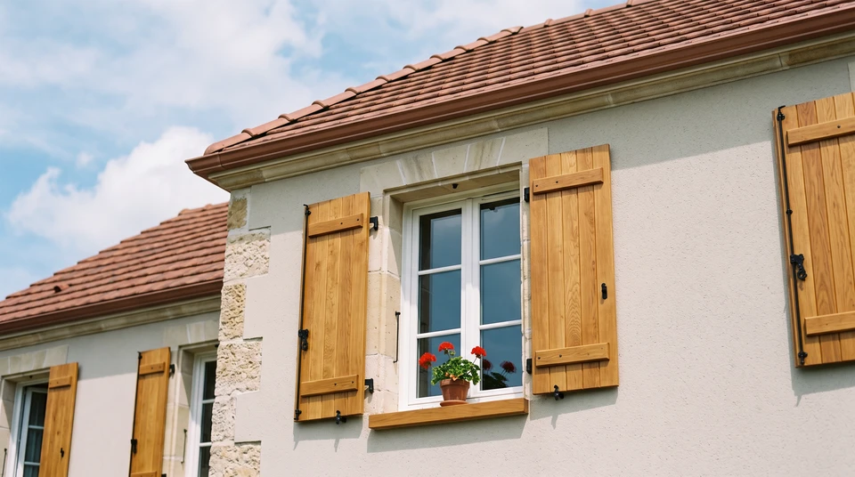 Façade en pierre ancienne avec une large baie vitrée à double vantail, profilés aluminium anthracite, style atelier