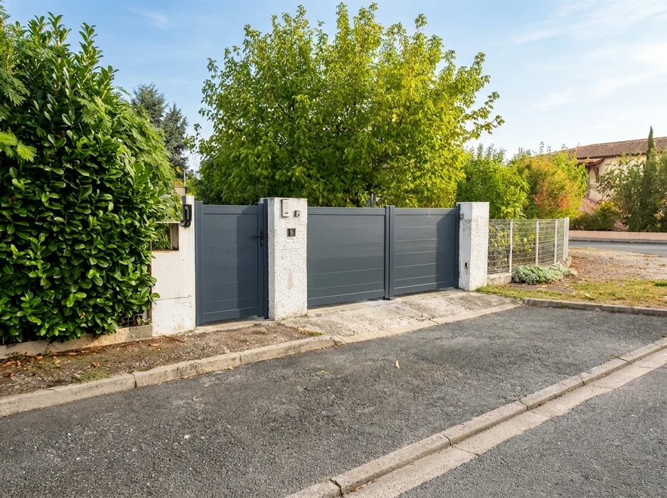 Entrée moderne d'une maison contemporaine avec porte d'entrée anthracite et panneau vitré latéral