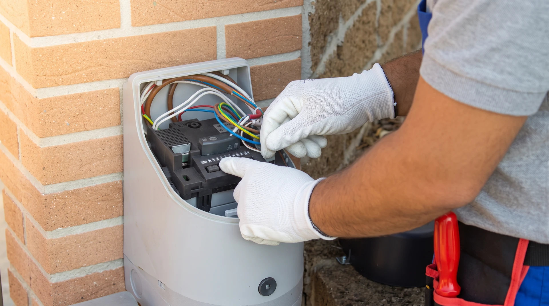 Technicien électricien effectuant la réparation et la programmation d'une fiche technique du moteur d'une porte d'entrée automatique