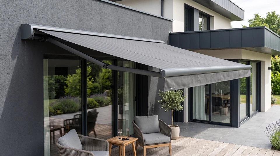 Façade en pierre ancienne avec une large baie vitrée à double vantail, profilés aluminium anthracite, style atelier