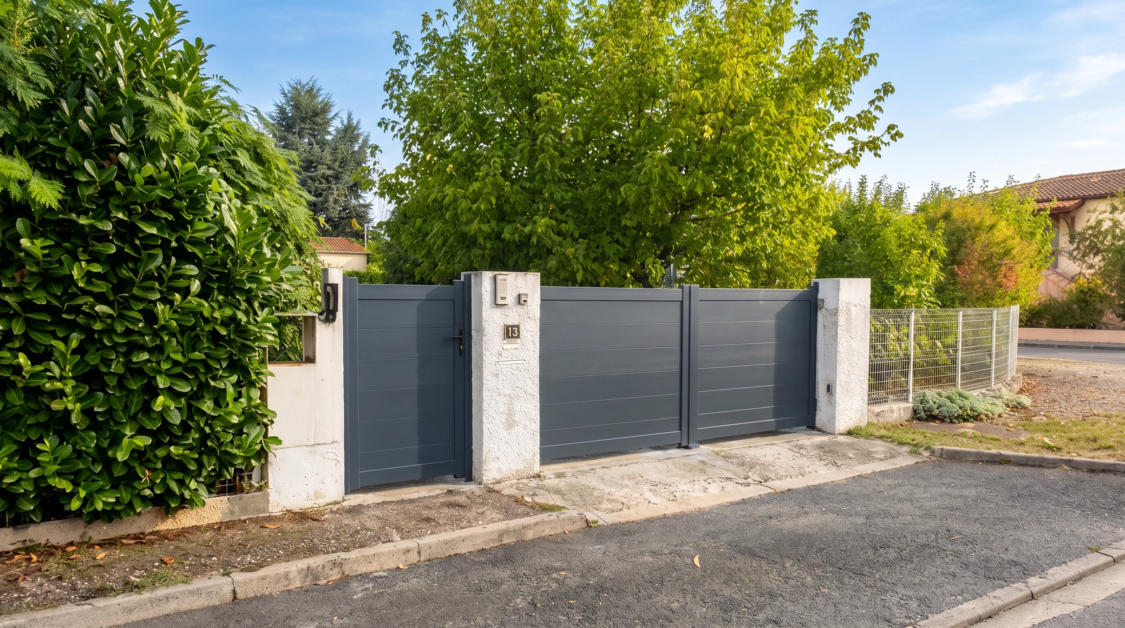 Façade de maison moderne avec portail coulissant automatique en aluminium anthracite et portillon assorti